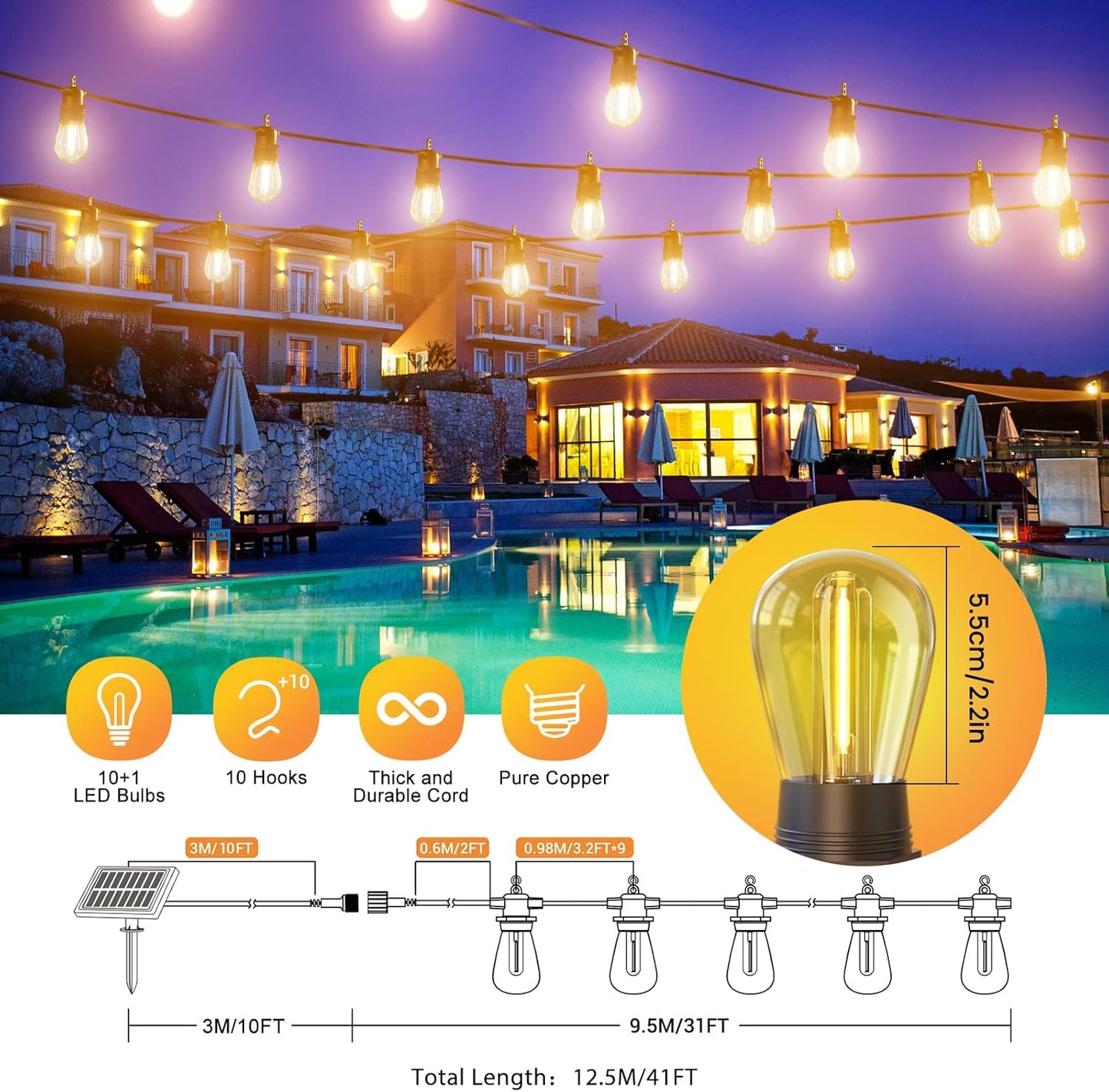 LumoFete Solar Festoon Lights with Remote | IP65 Waterproof & Shatterproof | Extendable