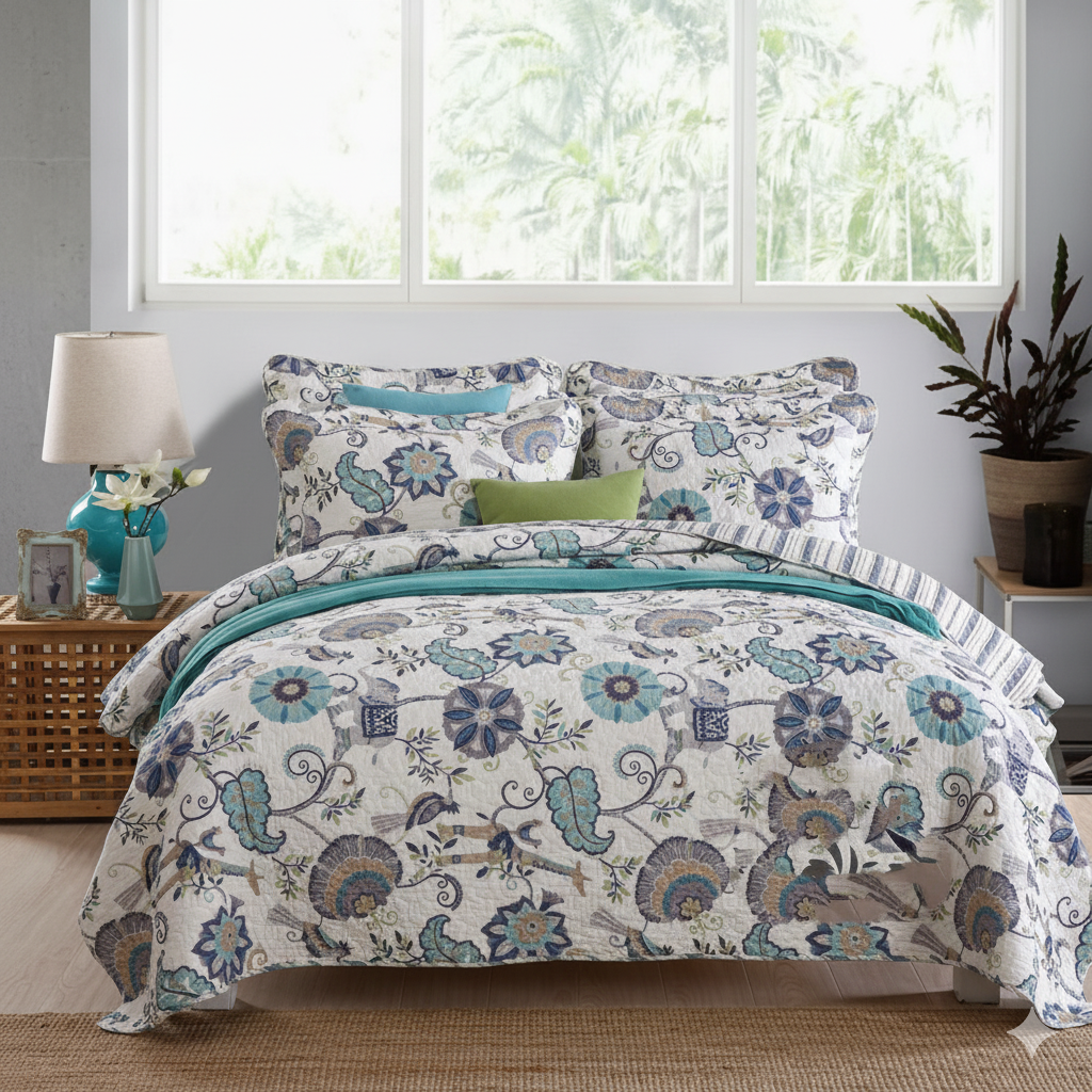 Ironvale Kingsize Bedding Set | Deluxe Cotton Quilted Floral Three-Piece Bedding