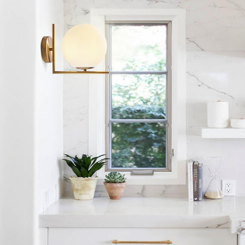 VALORA Mid-Century Modern Brass Wall Sconce with Opal Glass Globe