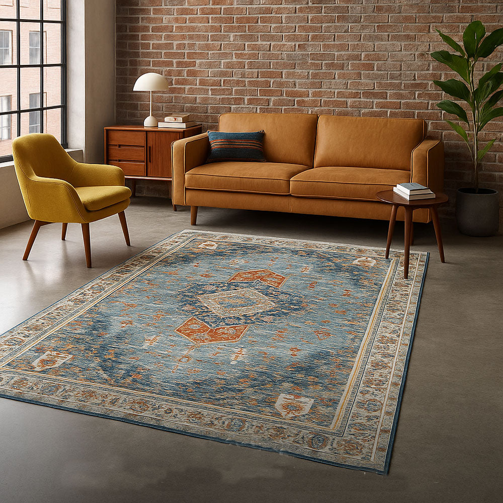SAFIRA Vintage Style Easy Clean Medallion Rug – Blue & Terracotta - Styyler