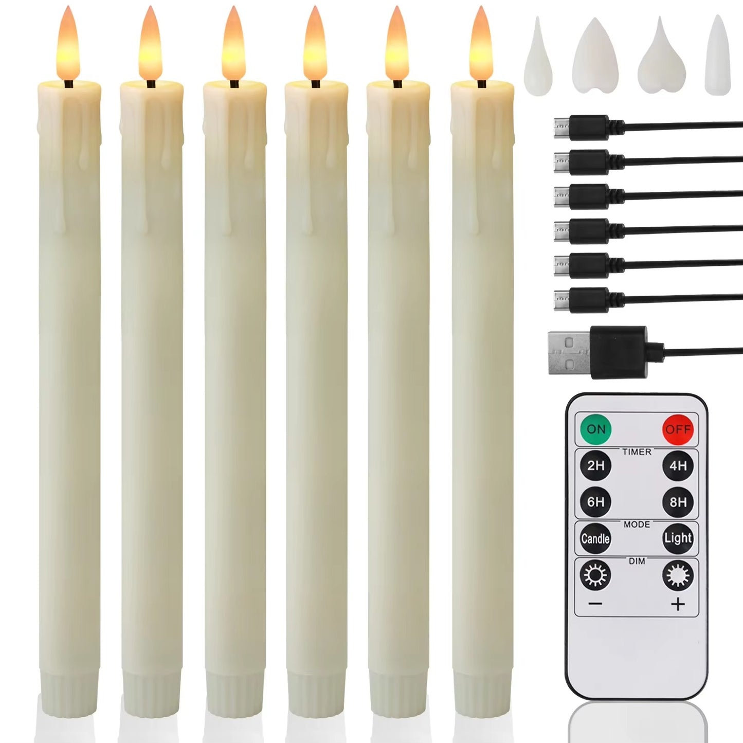 Flicka Rechargeable Taper Candles | Set of 6 Battery-Operated LED Candles for Christmas, Halloween, Dinner Parties