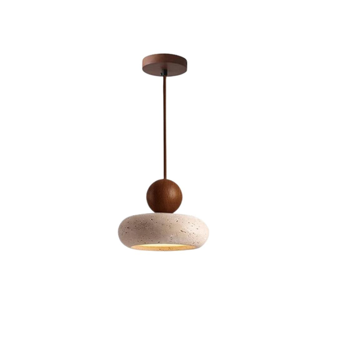 Aurelo Travertine Pendant Lamp | Round Polished Stone & Wood Ceiling Light - Styyler