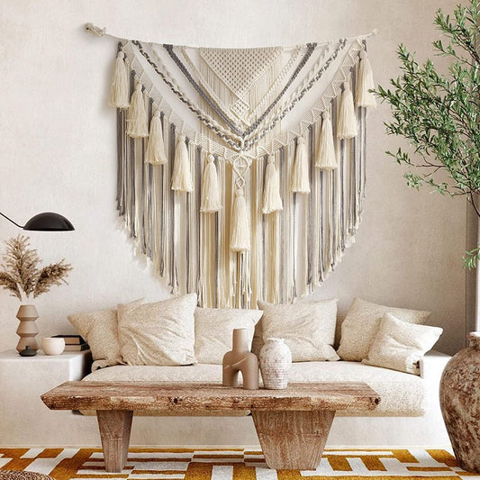 Asbury Large Cream and Grey Macramé Wall Hanging | Cotton Bohemian Decor