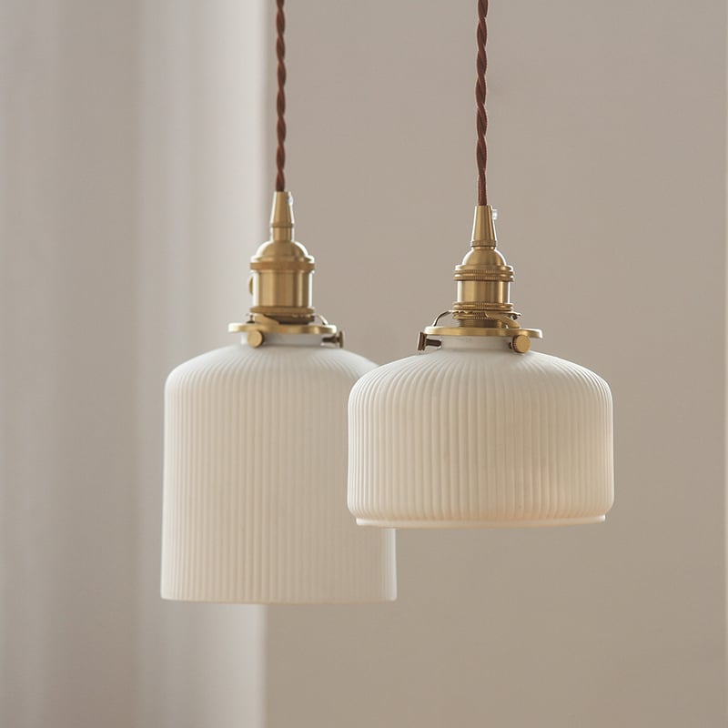 QUILL Ceramic and Brass Pendant Light | Small Ribbed Glass Lampshade