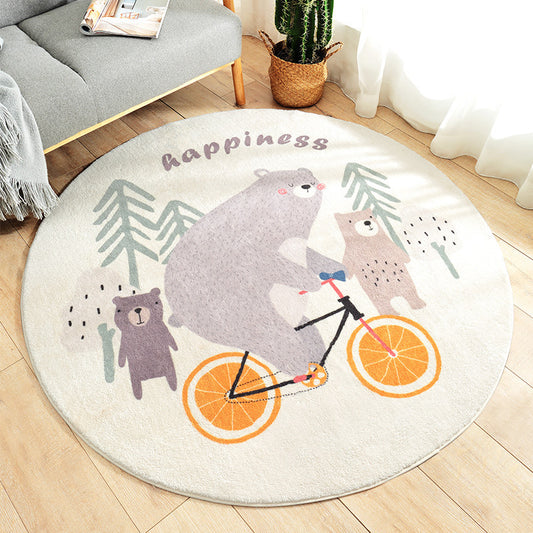 Happy Bear Kids Bedroom Rug | Round Machine Washable Nursery Mat