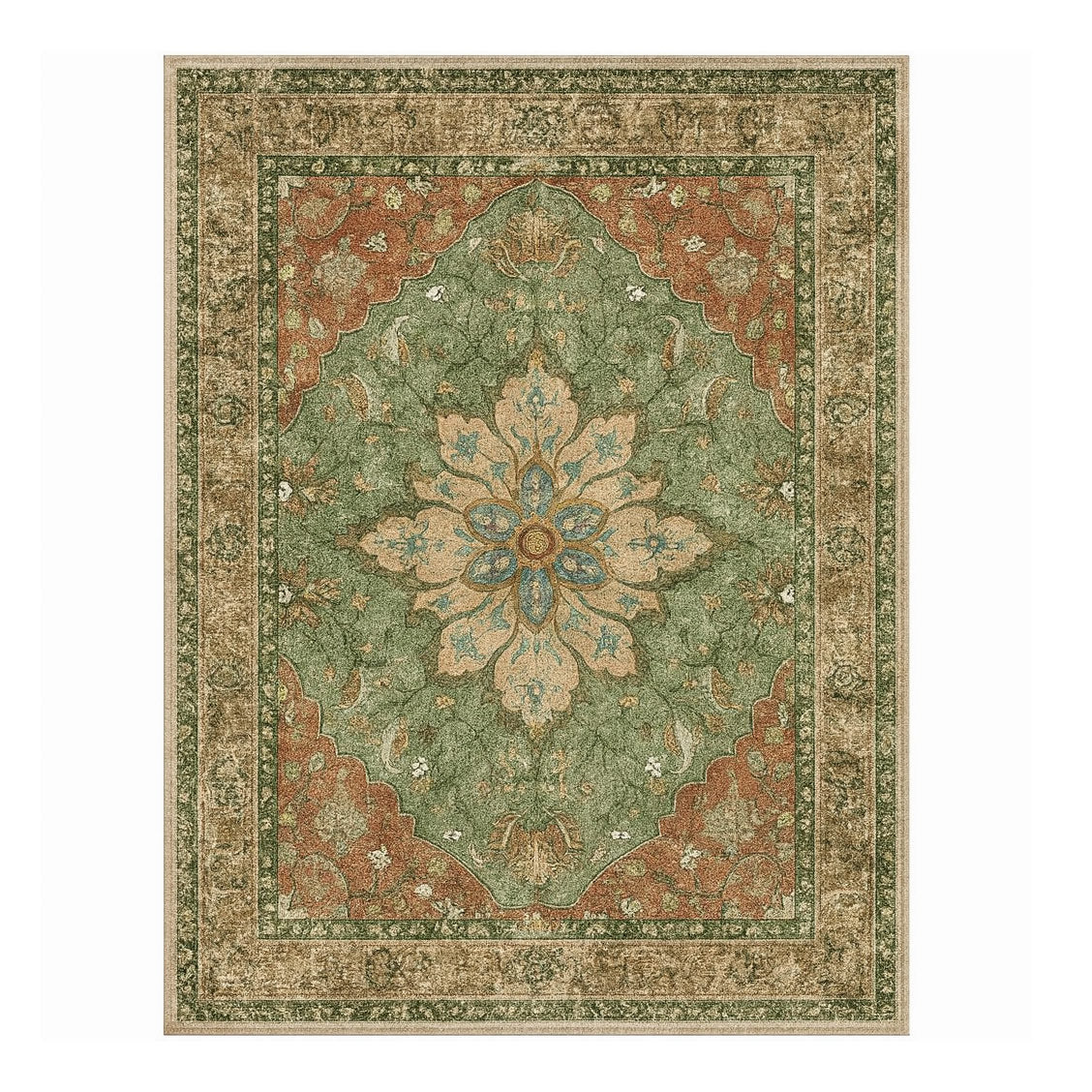 Amira  Persian Style Rug | Terracotta & Green | Low-Pile Machine Washable