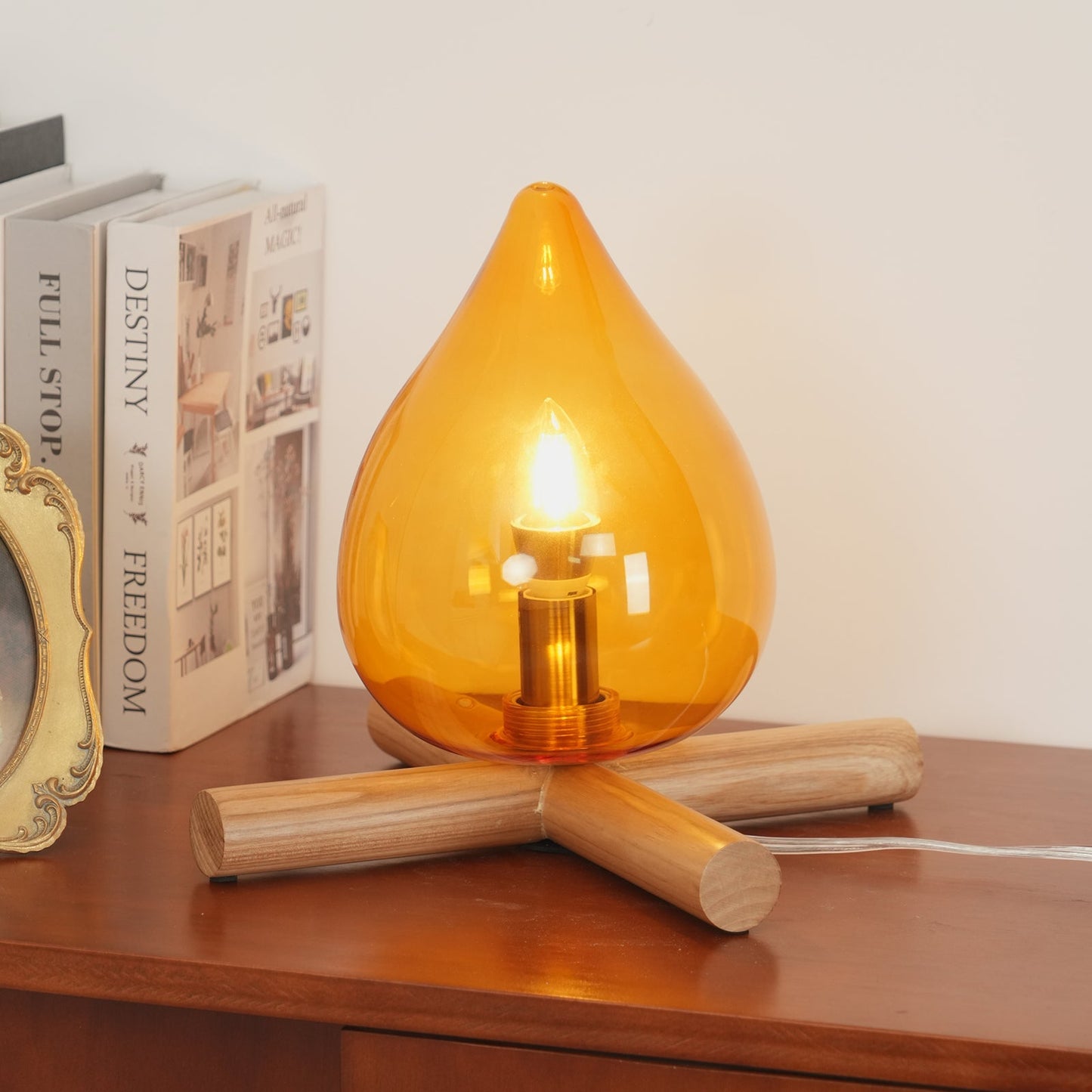 Artistic Table Lamp with Hand-Blown Glass Shade and Wooden Base, 30cm Bedside or Desk Lamp for Bedroom Decor 2