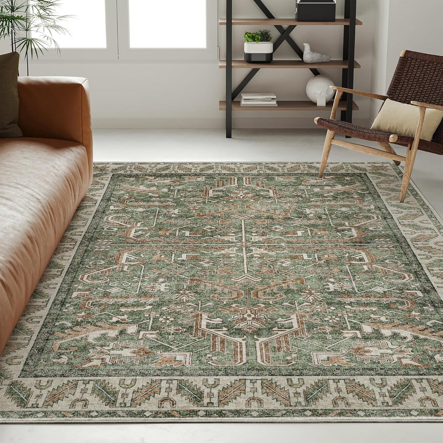 Rumi Persian Style Rug | Soft, Stylish and  Easy to Clean | Green, Beige, Coffee