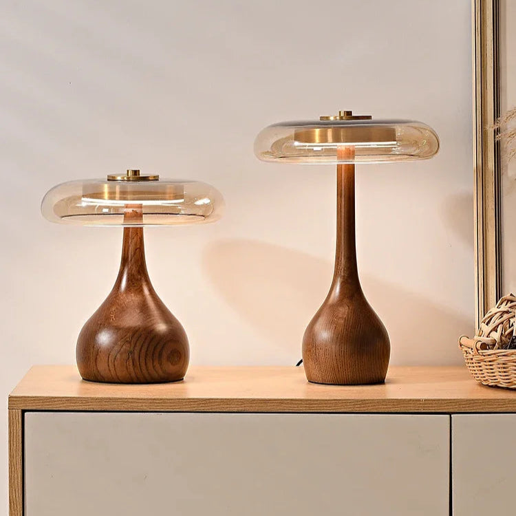 CHAMPI Solid Wood Table Lamp with Glass Shade | Retro Mushroom Design - Styyler