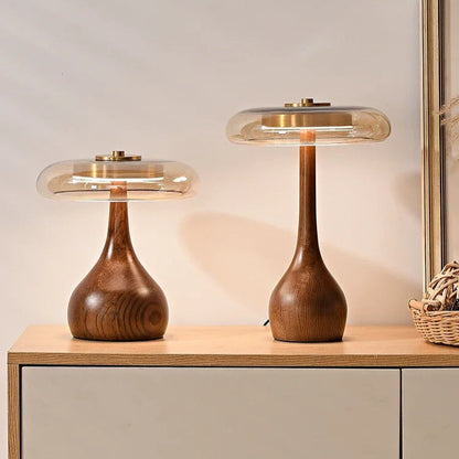 CHAMPI Solid Wood Table Lamp with Glass Shade | Retro Mushroom Design - Styyler