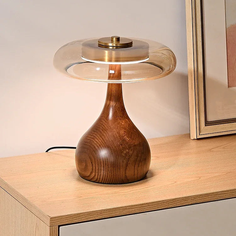 CHAMPI Solid Wood Table Lamp with Glass Shade | Retro Mushroom Design - Styyler