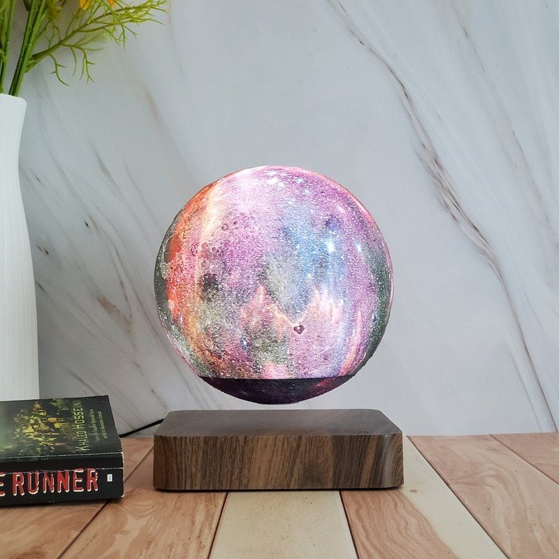Galaxy Floating Moon Lamp with Adjustable LED Light and Faux Wood Base, 14cm Diameter Home Decor 1
