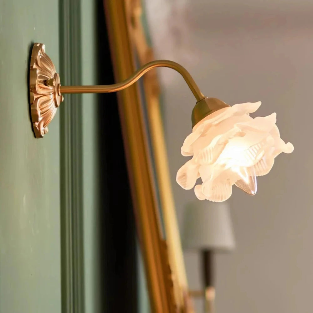La Fleur de Lueur Wall Lamp - Hand-Sculpted Floral Shade, Antique Brass Base, Vintage Wall Sconce for Living Room and Bedroom Lighting 1