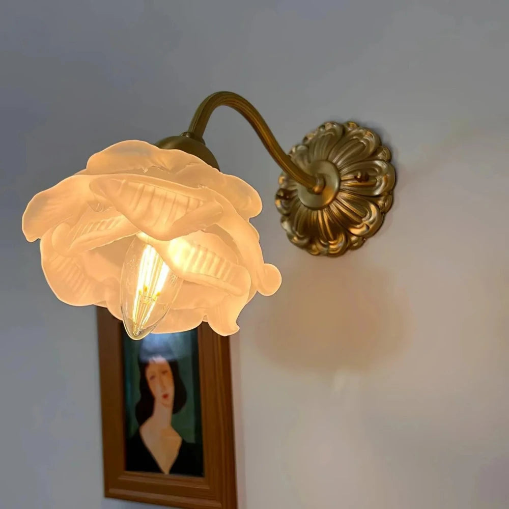La Fleur de Lueur Wall Lamp - Hand-Sculpted Floral Shade, Antique Brass Base, Vintage Wall Sconce for Living Room and Bedroom Lighting 4