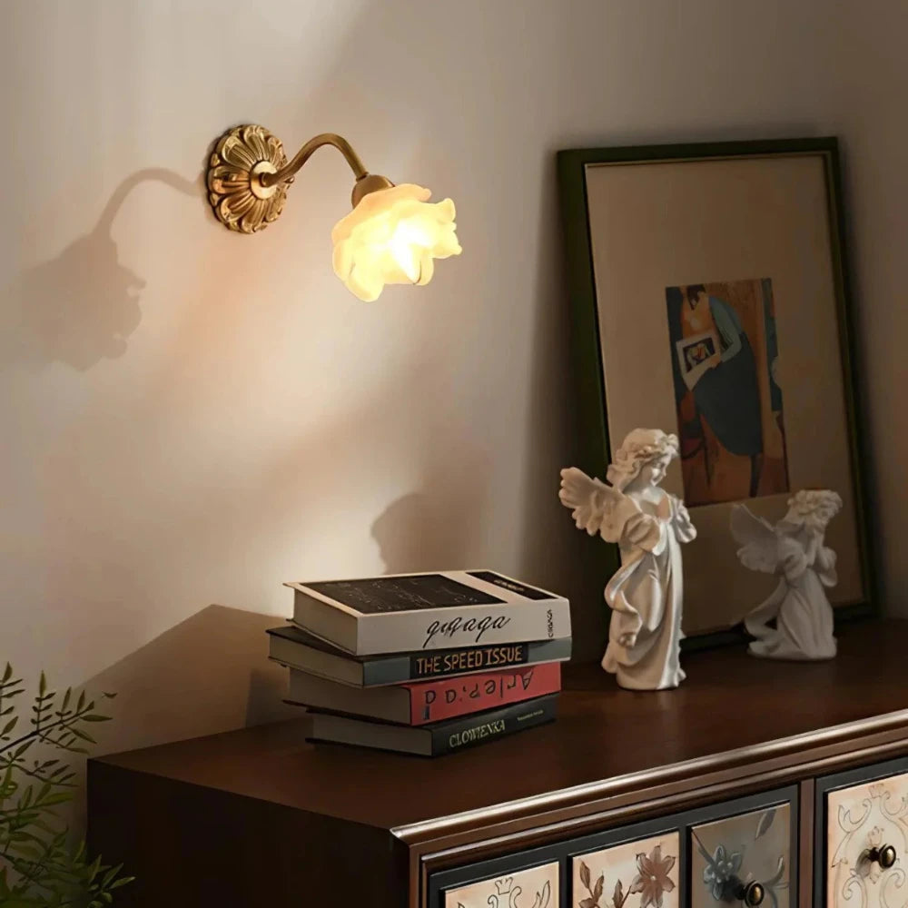 La Fleur de Lueur Wall Lamp - Hand-Sculpted Floral Shade, Antique Brass Base, Vintage Wall Sconce for Living Room and Bedroom Lighting 5
