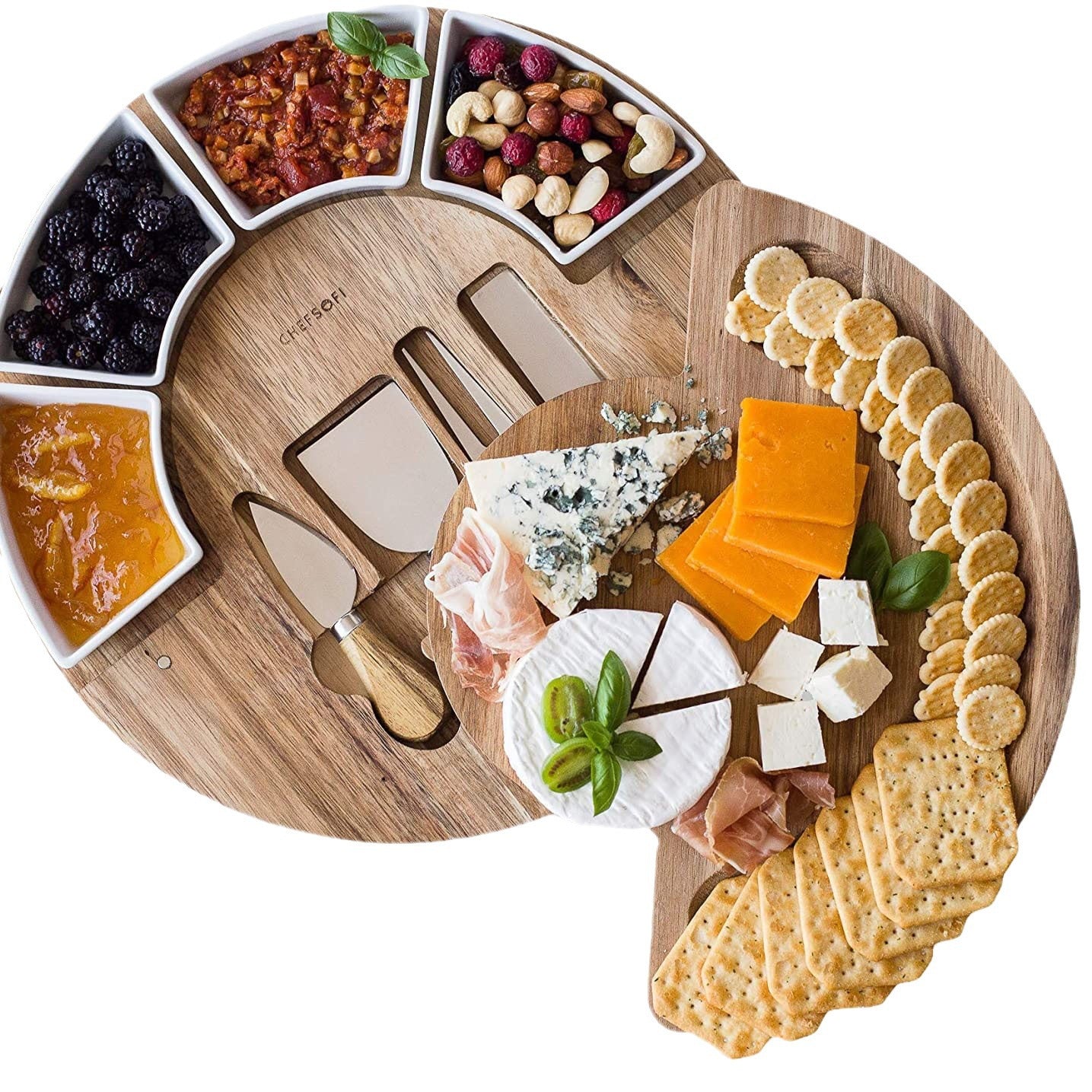 VILLERO – Acacia Wood Cheese Board Set with Bowls and Knives | 33cm Round Charcuterie Tray - Styyler