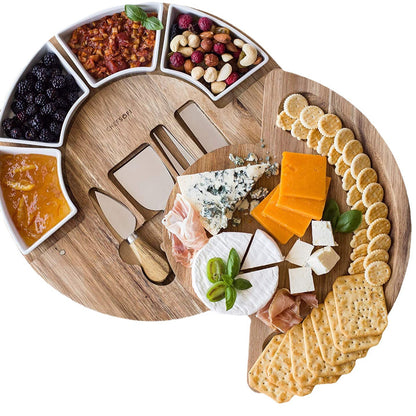 VILLERO – Acacia Wood Cheese Board Set with Bowls and Knives | 33cm Round Charcuterie Tray - Styyler