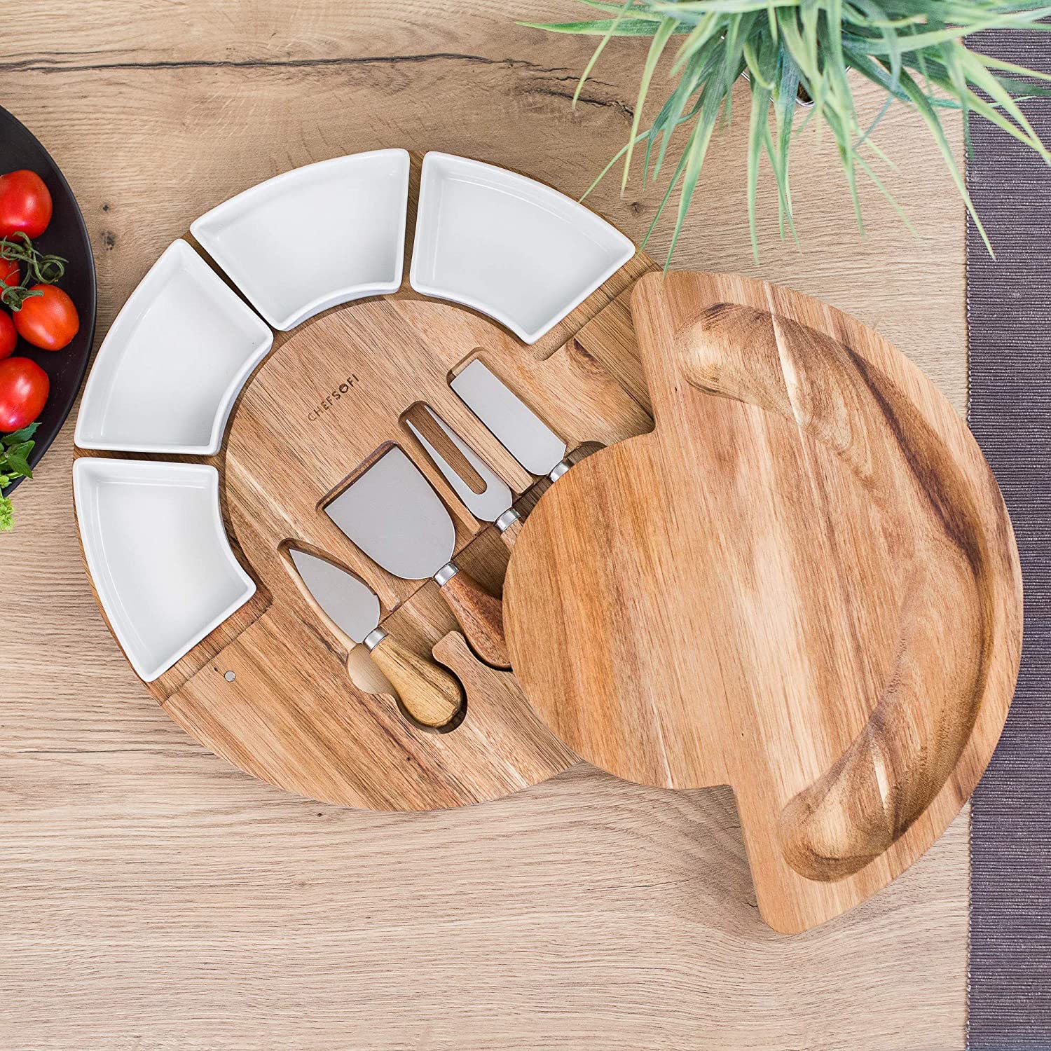 VILLERO – Acacia Wood Cheese Board Set with Bowls and Knives | 33cm Round Charcuterie Tray - Styyler