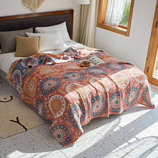 Terraea Quilted Cotton Throw | Reversible Earthy Red & Blue Blanket with Boho Patterns