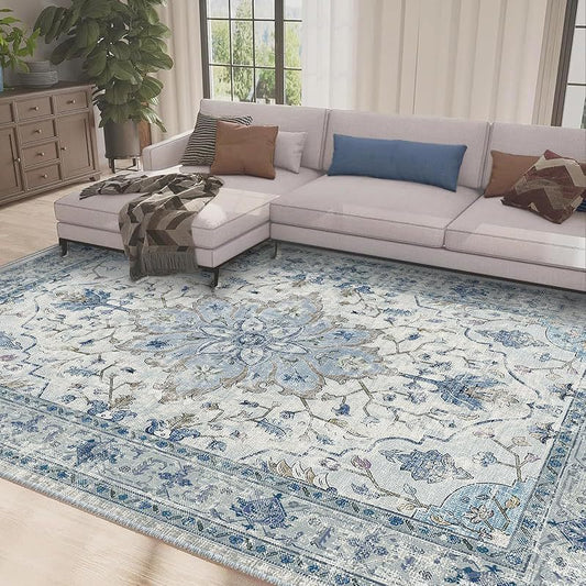 Elara Persian Style Rug | Vintage Blue Grey Low-Pile Area Rug | Machine Washable