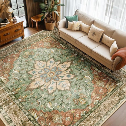Amira  Persian Style Rug | Terracotta & Green | Low-Pile Machine Washable
