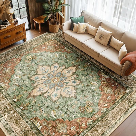 Amira  Persian Style Rug | Terracotta & Green | Low-Pile Machine Washable
