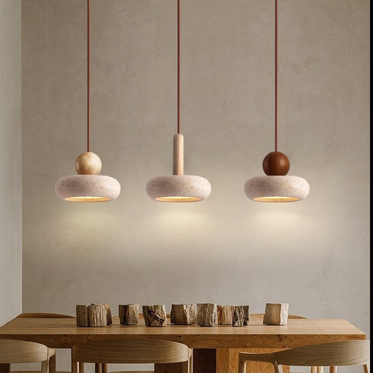 Aurelo Travertine Pendant Lamp | Round Polished Stone & Wood Ceiling Light - Styyler