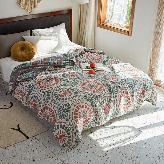 Mosaica Quilted Cotton Throw | Reversible Sofa and Bed Blanket with Terracotta, Teal and White Motifs
