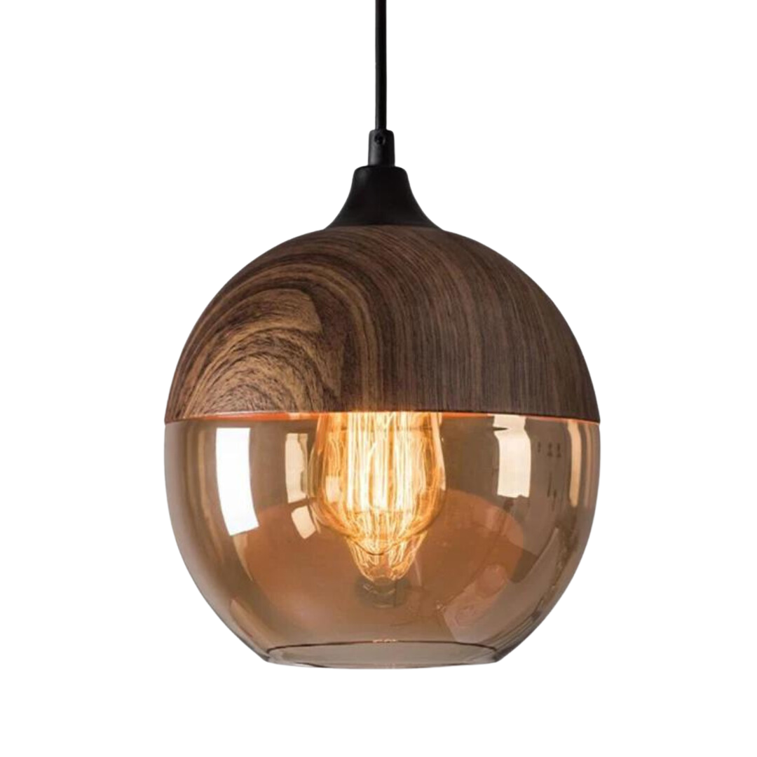Scandinavian Wooden Ceiling Lamp with Tinted Glass, Adjustable Height Flush Mount Ceiling Light Fixture for Modern Spaces 0