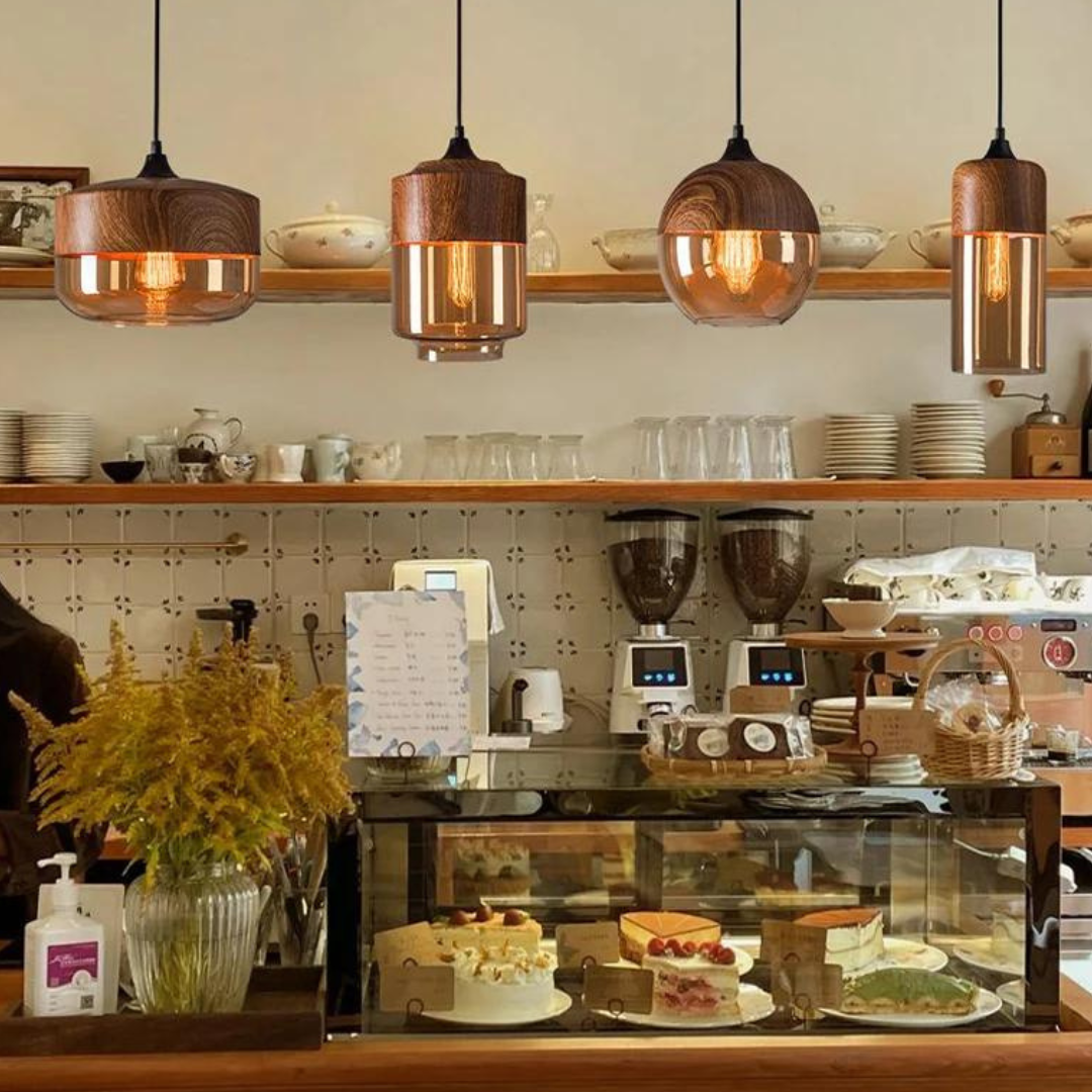 Scandinavian Wooden Ceiling Lamp with Tinted Glass, Adjustable Height Flush Mount Ceiling Light Fixture for Modern Spaces 5