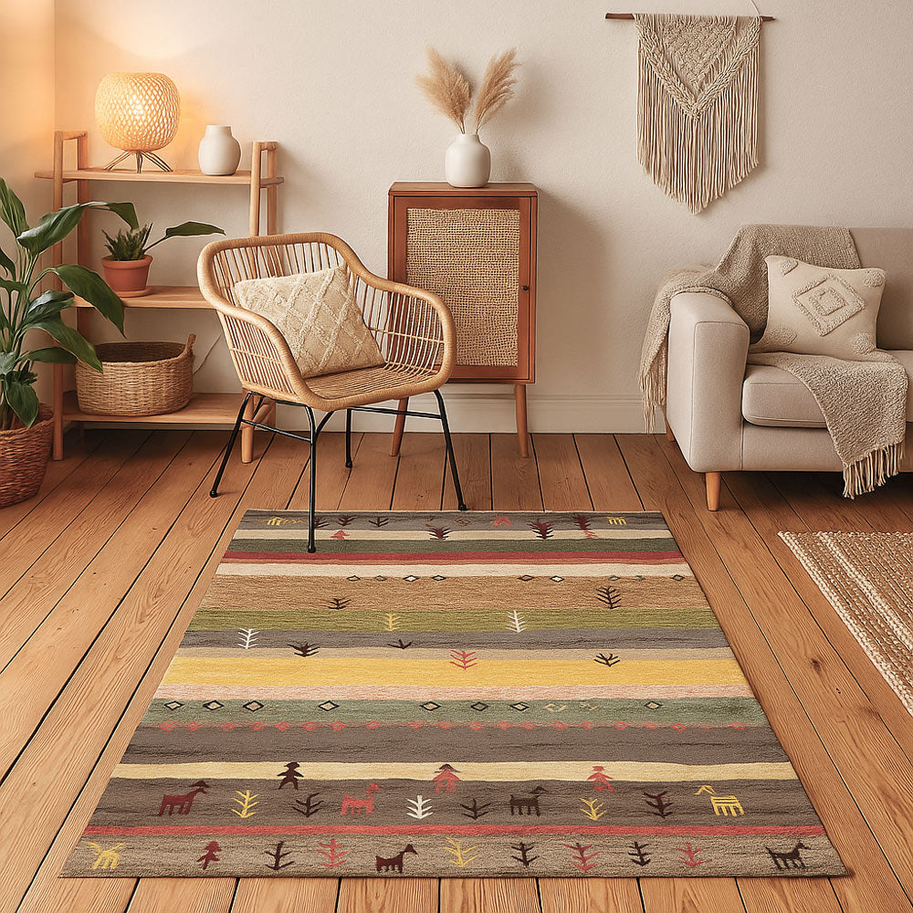 TAVIRA - Colourful Tribal Print Rug with Folk Motifs | Non-Slip and Easy Clean - Styyler