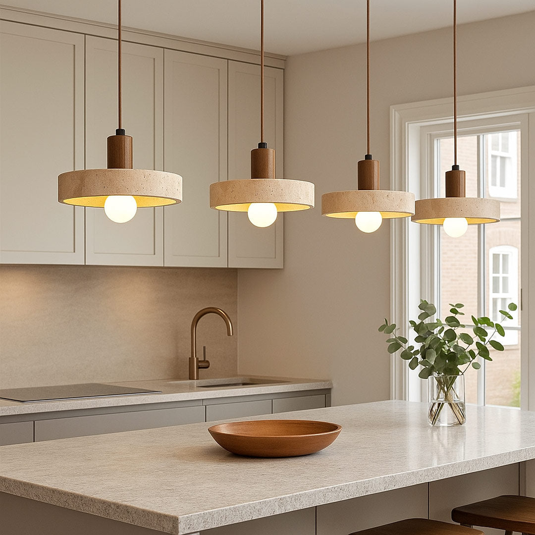 TerraLume Pendant Light | Natural Travertine Stone and Solid Wood Ceiling Lamp - Styyler