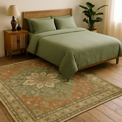 Amira  Persian Style Rug | Terracotta & Green | Low-Pile Machine Washable