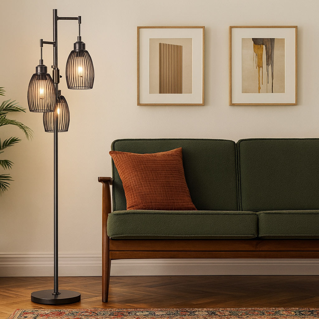 ALVIA – Dimmable Retro Floor Lamp with Wire Cage Shades | Gold or Black - Styyler