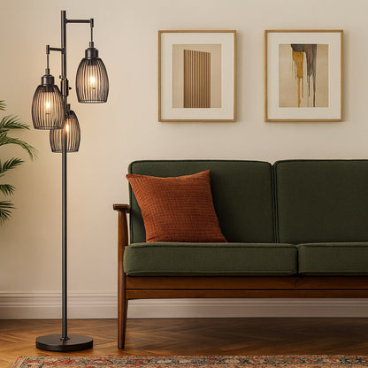 ALVIA – Dimmable Retro Floor Lamp with Wire Cage Shades | Gold or Black - Styyler