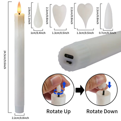 Flicka Rechargeable Taper Candles | Set of 6 Battery-Operated LED Candles for Christmas, Halloween, Dinner Parties