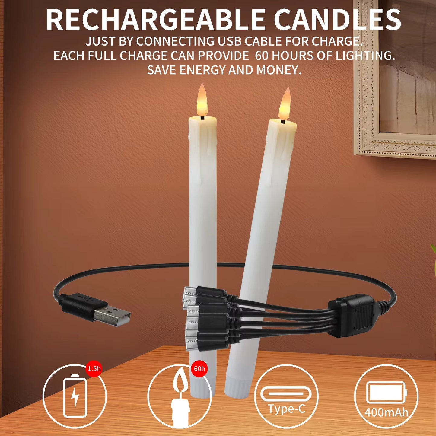 Flicka Rechargeable Taper Candles | Set of 6 Battery-Operated LED Candles for Christmas, Halloween, Dinner Parties