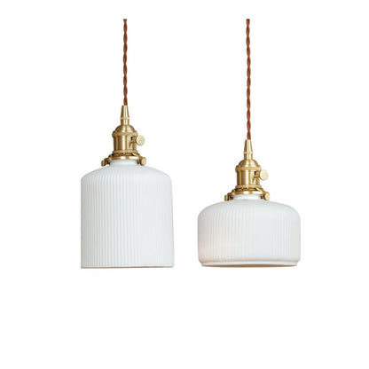 QUILL Ceramic and Brass Pendant Light | Small Ribbed Glass Lampshade