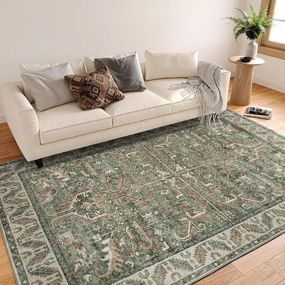 Rumi Persian Style Rug | Soft, Stylish and  Easy to Clean | Green, Beige, Coffee