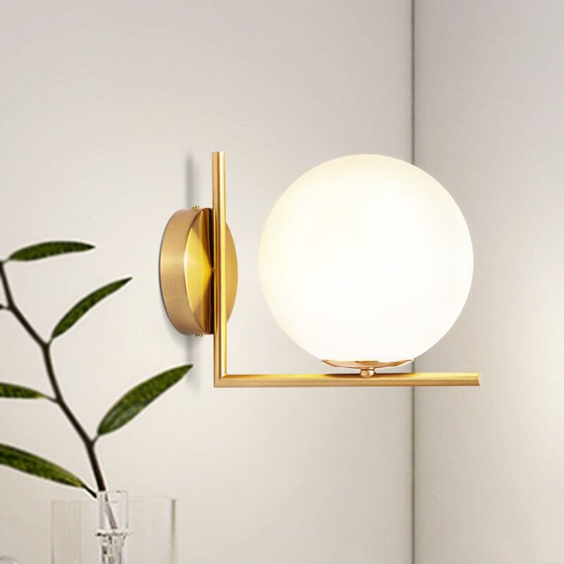 VALORA Mid-Century Modern Brass Wall Sconce with Opal Glass Globe