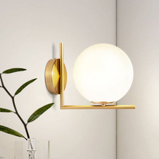 VALORA Mid-Century Modern Brass Wall Sconce with Opal Glass Globe
