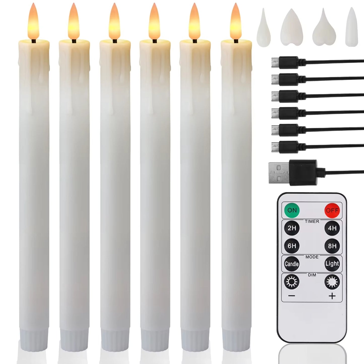 Flicka Rechargeable Taper Candles | Set of 6 Battery-Operated LED Candles for Christmas, Halloween, Dinner Parties